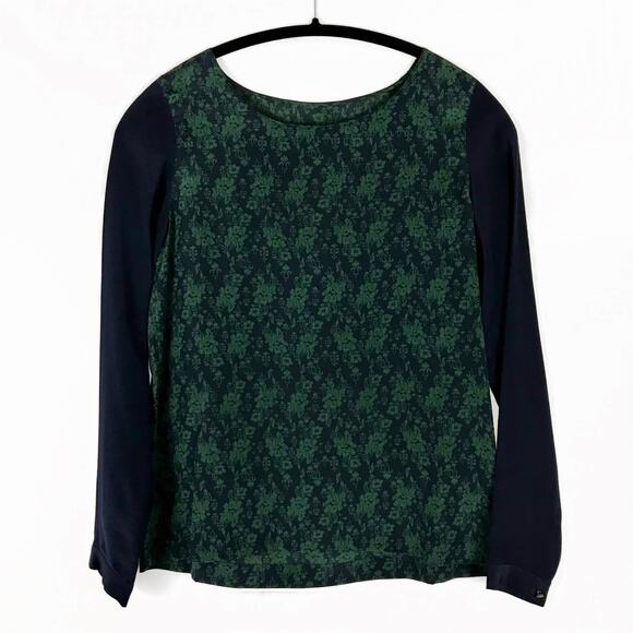 Club Monaco Pure Silk Boxy Floral Green Navy Long Sleeve Top Size XS ($119 MSRP) - Picture 1 of 4